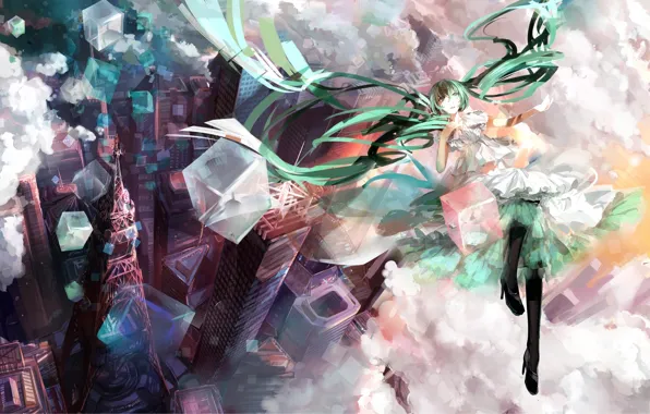 Girl, clouds, the city, tower, height, home, art, Hatsune Miku