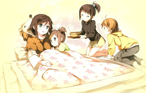 Children, bed, pajamas, tray, tsukiko tsutsukakushi, ouji to warawanai neko, youto uokodera, tsukishima