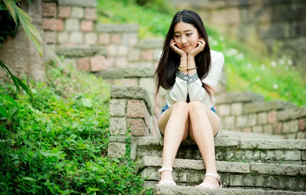 Green grass, stage, beautiful girl, asian beauty, girl posing, asian beauty