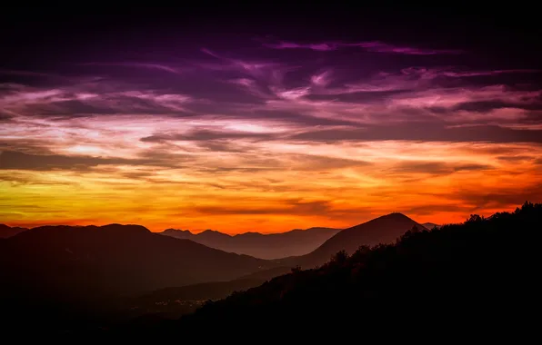 Picture the sky, mountains, the evening, slope, glow