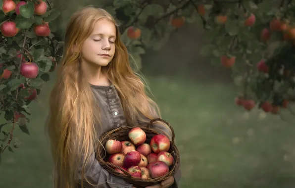 Apples, garden, girl
