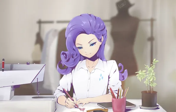 Pencils, dummy, blue eyes, in the room, designer, purple hair, fashion designer, white blouse