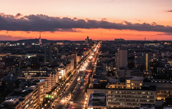 Clouds, Avenue, tower, Germany, traffic, twilight, cars, Berlin