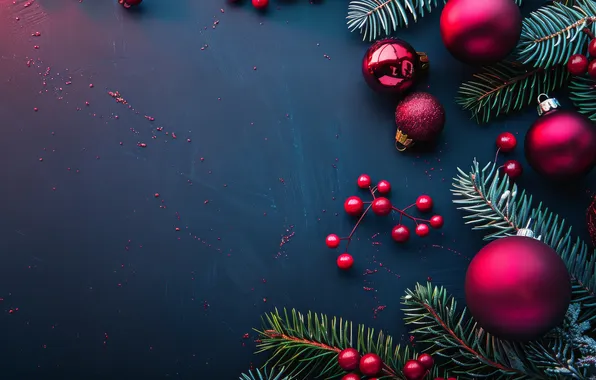 Balls, branches, berries, Christmas, red, New year, needles, blue background