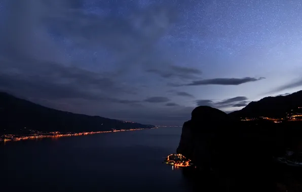 The sky, clouds, mountains, the city, lights, coast, the evening, Alps