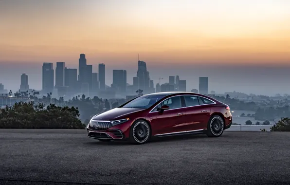 Picture Mercedes-Benz, Skyscrapers, Car, Mercedes-Benz, Electric, Mercedes-AMG EQS 53 4MATIC, Hyacinth red metallic