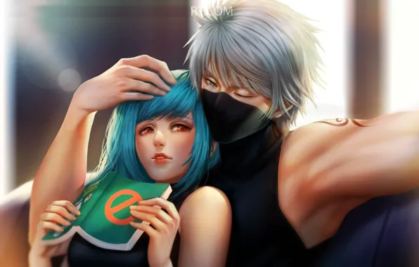 Love, hands, a couple, on the couch, blue hair, owner, Naruto Shippuden, Kakashi Hatake