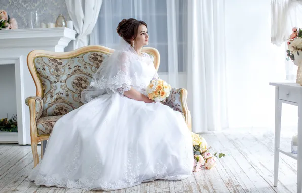 Bouquet, dress, the bride, wedding
