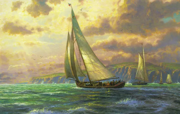 Sea, wave, sail, painting, sea, Thomas Kinkade, sailboats, painting