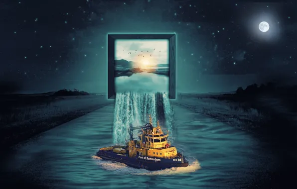 Night, field, waterfall, The moon, screen, the ship, photo manipulation, road river