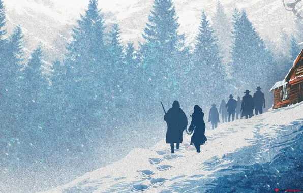 Picture forest, snow, house, figure, art, silhouettes, Blizzard, Tarantino
