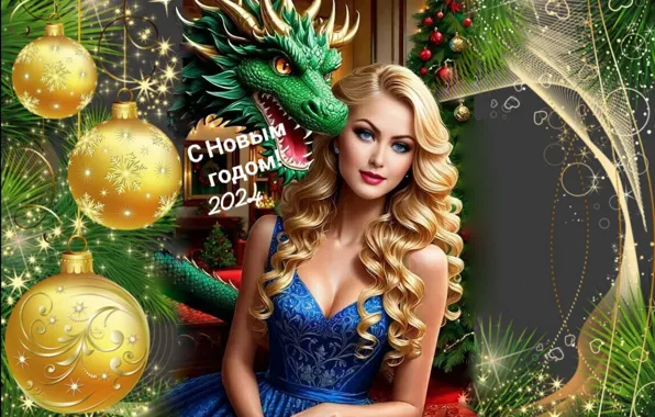 Picture Girl, Dragon, Blonde, Christmas, Hair, New year, Toys, Merry Christmas