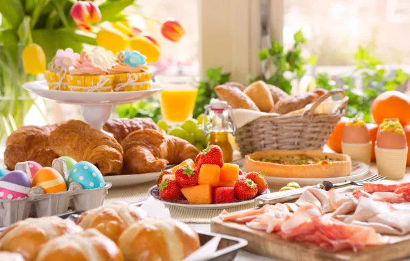 Flowers, berries, table, holiday, food, eggs, strawberry, juice