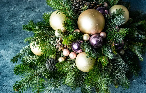 Picture winter, balls, snow, branches, holiday, balls, toy, new year