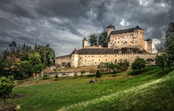 The sky, grass, trees, clouds, castle, overcast, Austria, slope