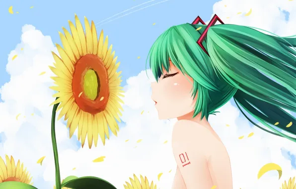 Picture the sky, girl, clouds, sunflower, anime, art, vocaloid, hatsune miku