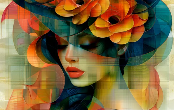 Girl, line, flowers, eyelashes, portrait, hat, squares, makeup