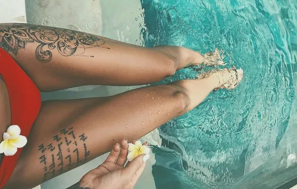 Water, girl, pool, tattoo, flowers, red panties, tattoos on the legs