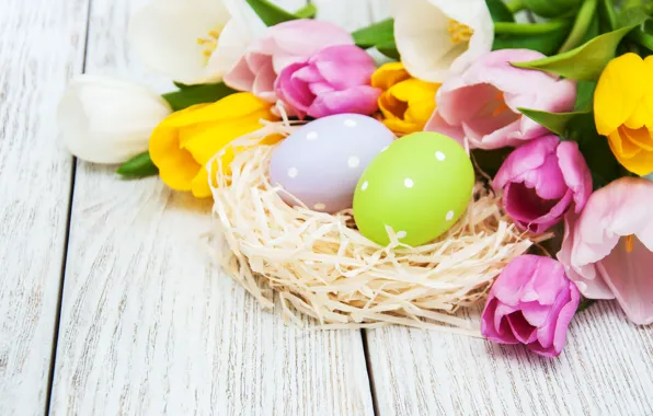 Flowers, eggs, spring, colorful, Easter, tulips, happy, wood