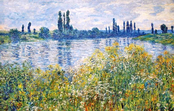 The sky, grass, trees, landscape, flowers, river, picture, Claude Monet