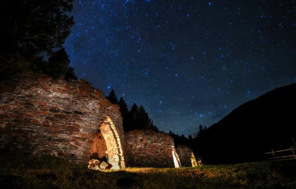 Picture space, stars, trees, night, ruins