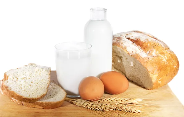 Picture wheat, food, eggs, milk, bread, pitcher, simple food