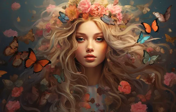 Picture girl, flowers, butterfly, hair, portrait, blonde, wreath, digital art