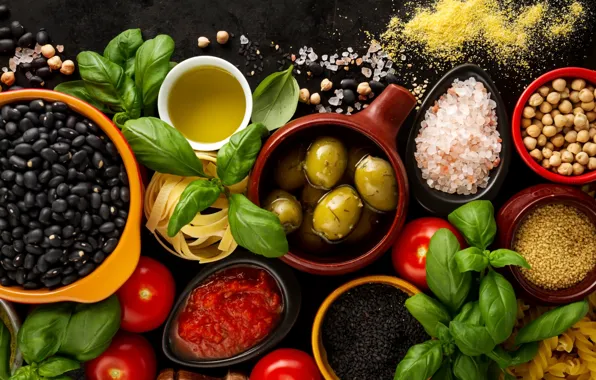 Olives, sauce, tomatoes, salt, pasta, Basil, chickpeas