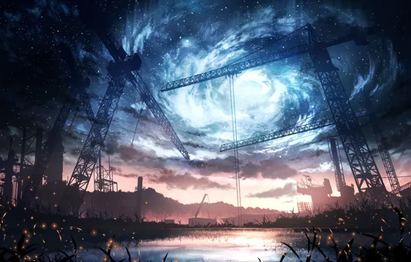 The sky, lake, fantasy, funnel, tower cranes