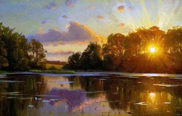 Picture Sunset, The sun, Lake, Trees, Picture, Peter Merk Of Menstad, Peder Mørk Mønsted, Danish painter