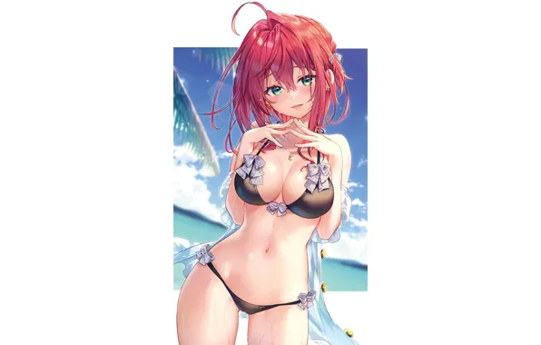 Red, girl, hot, sexy, beach, sea, anime, sun