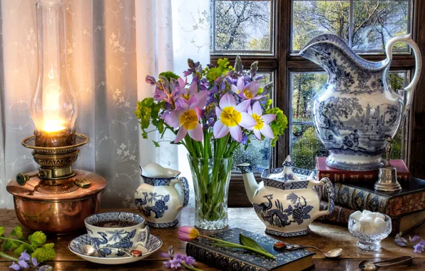 Picture flowers, style, tea, books, lamp, bouquet, kettle, window