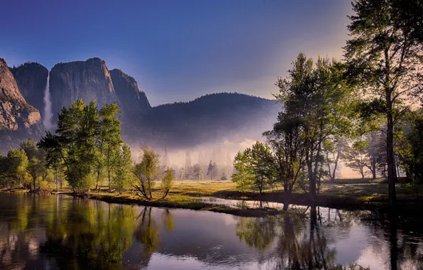 Picture forest, the sky, the sun, trees, mountains, fog, river, rocks