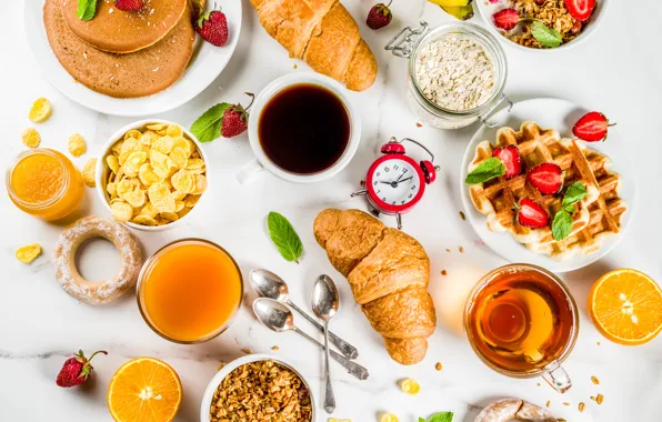 Berries, tea, coffee, Breakfast, juice, waffles, cakes, pancakes