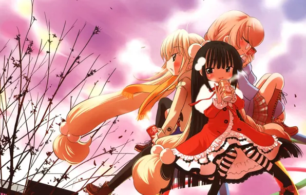Branches, Bank, long hair, art, friend, ruffles, striped stockings, Kodomo no Jikan