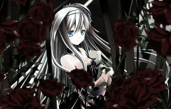 Girl, flowers, thickets, toy, roses, garden, art, hat