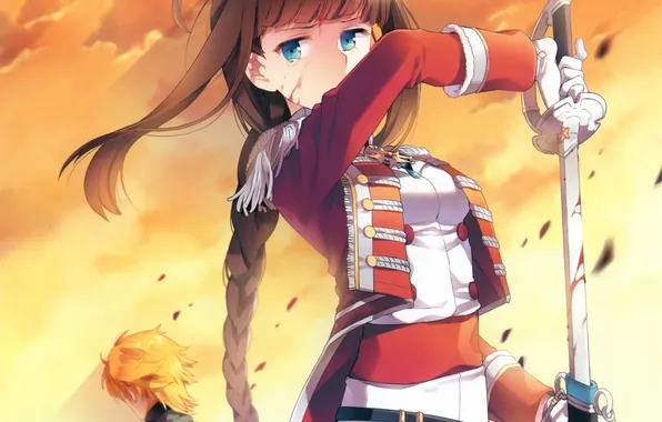 The sky, girl, clouds, weapons, blood, sword, anime, tears