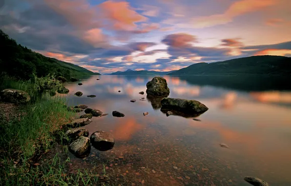 Sunset, mountains, lake, river, stones