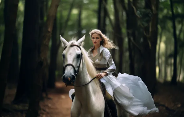 Forest, look, girl, horse, horse, fantasy, blonde, sitting