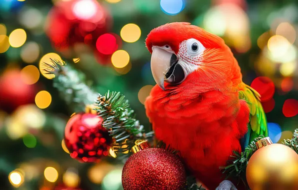 Balls, red, lights, bird, branch, Christmas, parrot, New year