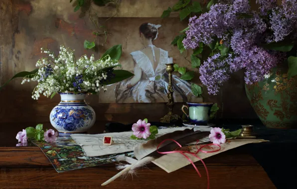 Pen, picture, lilies of the valley, lilac, Petunia