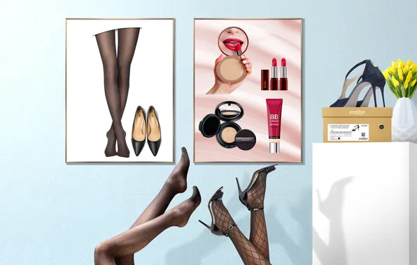 Goodfon, shoes, vase, cosmetics, tulip, pantyhose, stand, lipstick