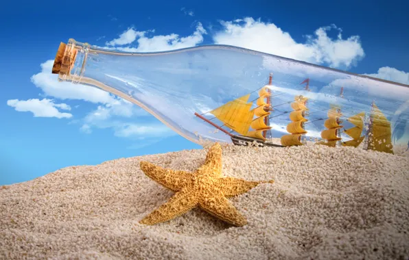 Sand, the sky, clouds, creative, ship, bottle, tube, sails
