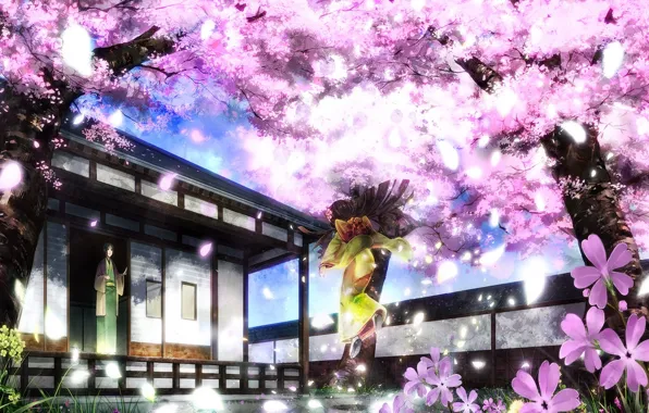 Picture petals, garden, Sakura, kimono, two, flowering, veranda
