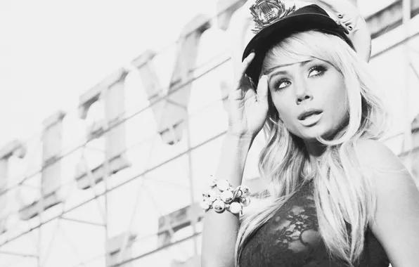 Chest, face, blonde, nipple, cap, playboy, black and white, Sara Jean Underwood