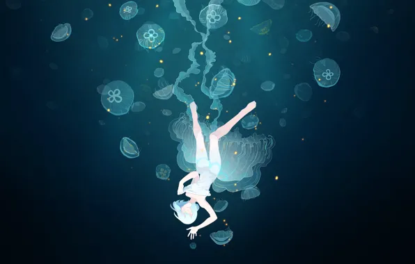 Girl, anime, art, jellyfish, sonomura