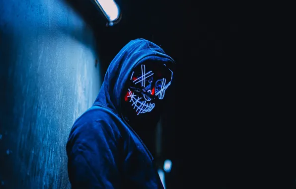 Wall, neon, wall, neon, the man in the mask, light bulb, masked man, lamp light
