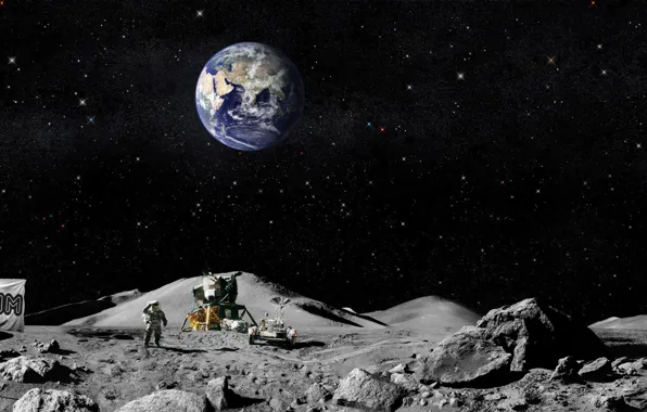 Picture earth, the moon, flag, Americans, The astronauts