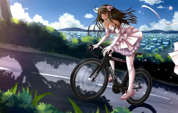 Road, the sky, girl, clouds, flowers, bike, the city, anime