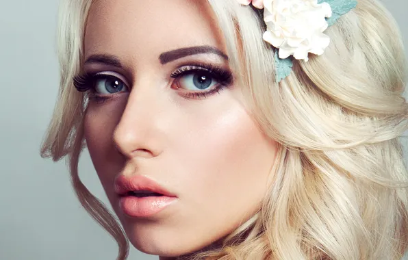 Picture look, flowers, eyelashes, model, makeup, blonde